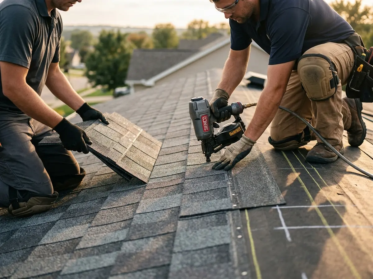 Professional roofer working on a residential roof in Mountain House